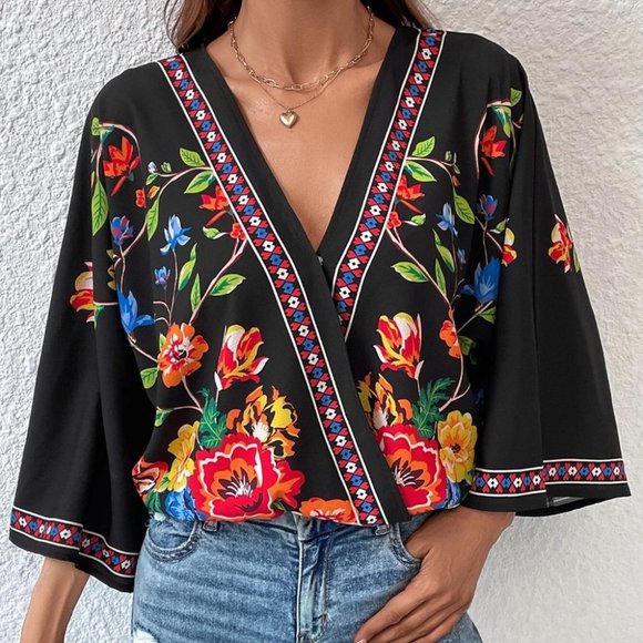 . Tops - Black Boho Womens Floral Print Batwing Sleeve Wrap Blouse